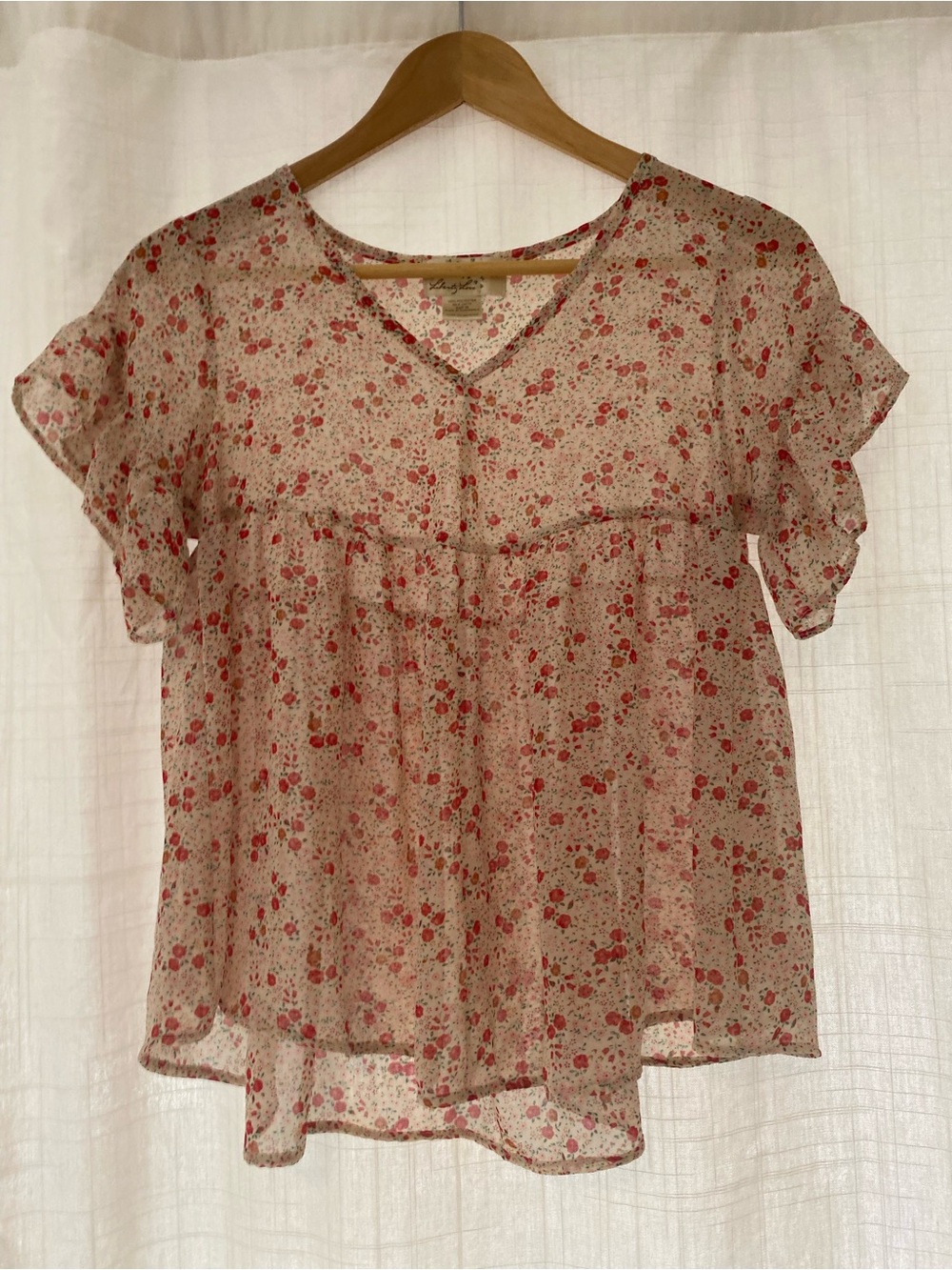 Liberty Love Sheer Cream Blouse with Red Floral Print